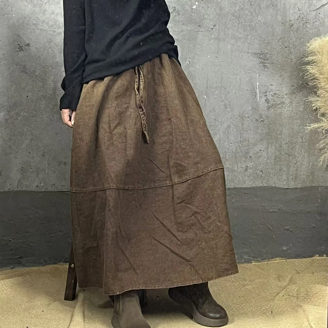 HH  A66313 时尚亚麻拼块系带半裙（裙长85 腰围60-100）