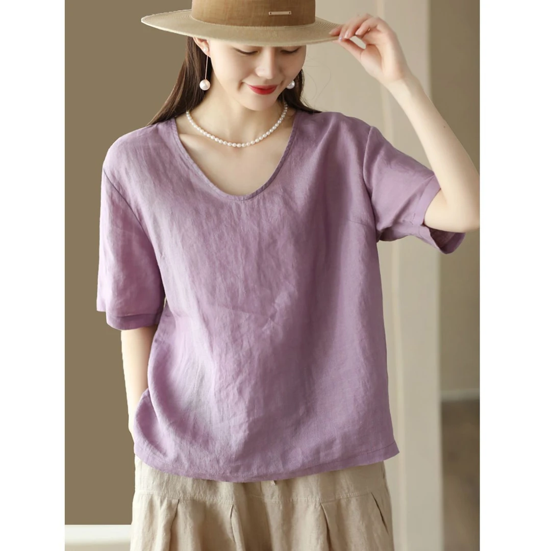 新款复古棉麻上衣女宽松显瘦V领短袖套头衫休闲纯色T恤夏季打底衫