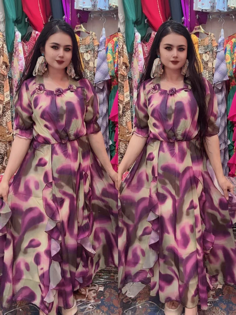 时尚修身夏季女士碎花收腰美拉德风长款气质连衣裙408