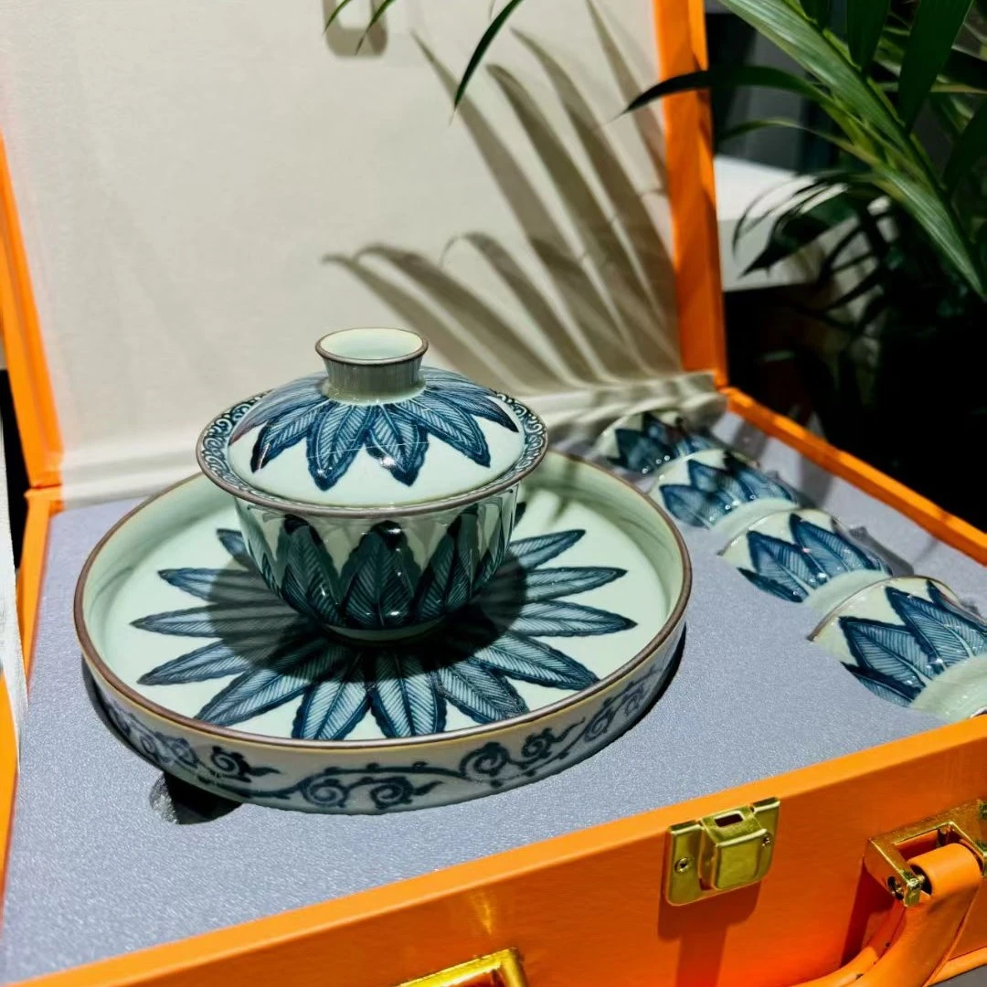 景德镇手工制作釉下彩老陶泥元青花芭蕉叶陶瓷茶具套装（带礼盒）