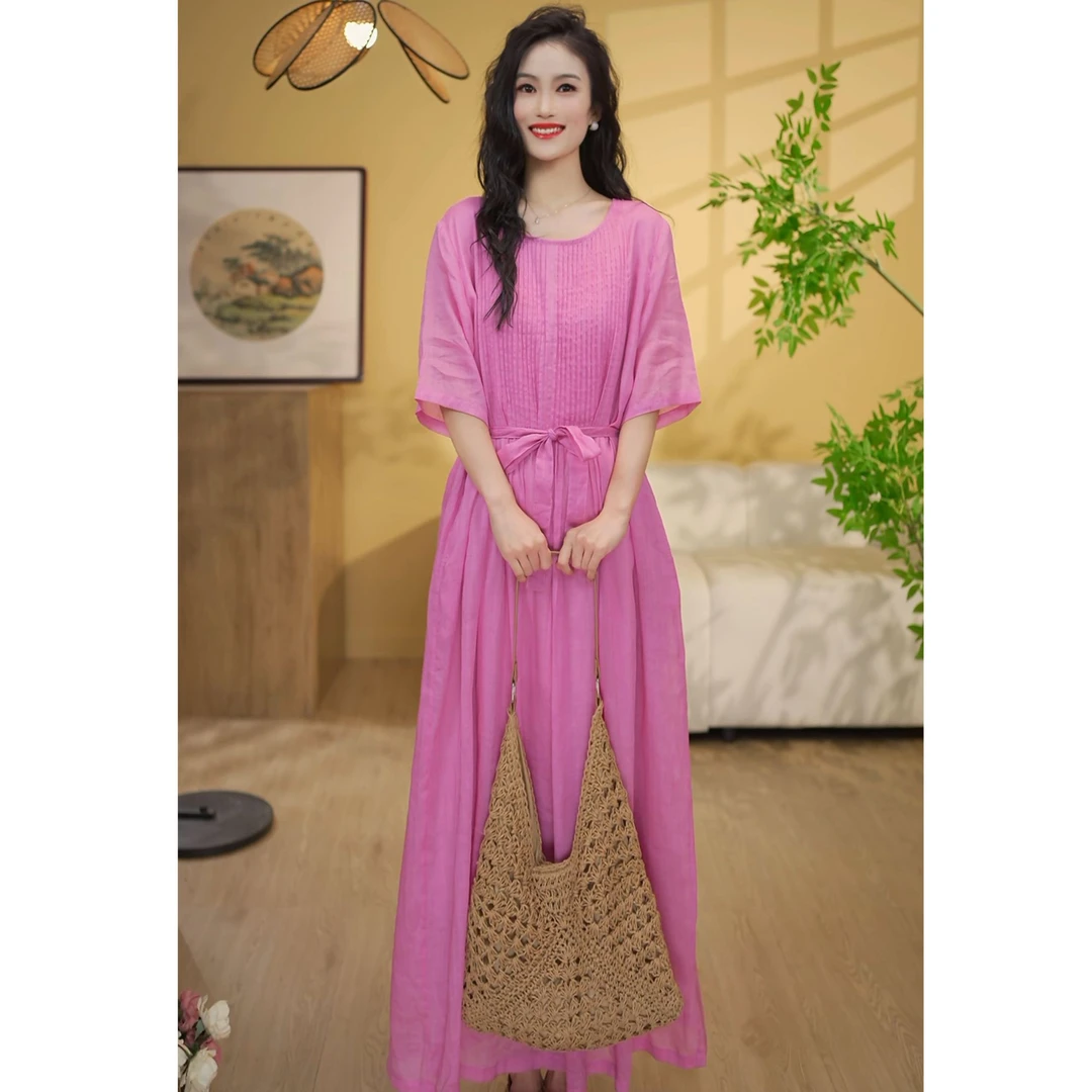 8811纯苎麻风琴褶收腰显瘦连衣裙2025新款长款高档百搭气质连衣裙