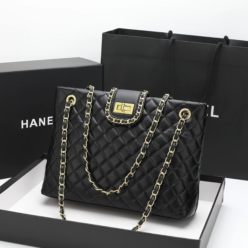 真皮质感单肩包菱格链条包大容量通勤包轻奢女士洋气百搭斜挎大包