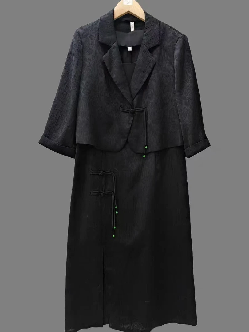 【F2358】提花套装2025夏季新款复古盘扣显瘦修身两件套套装裙