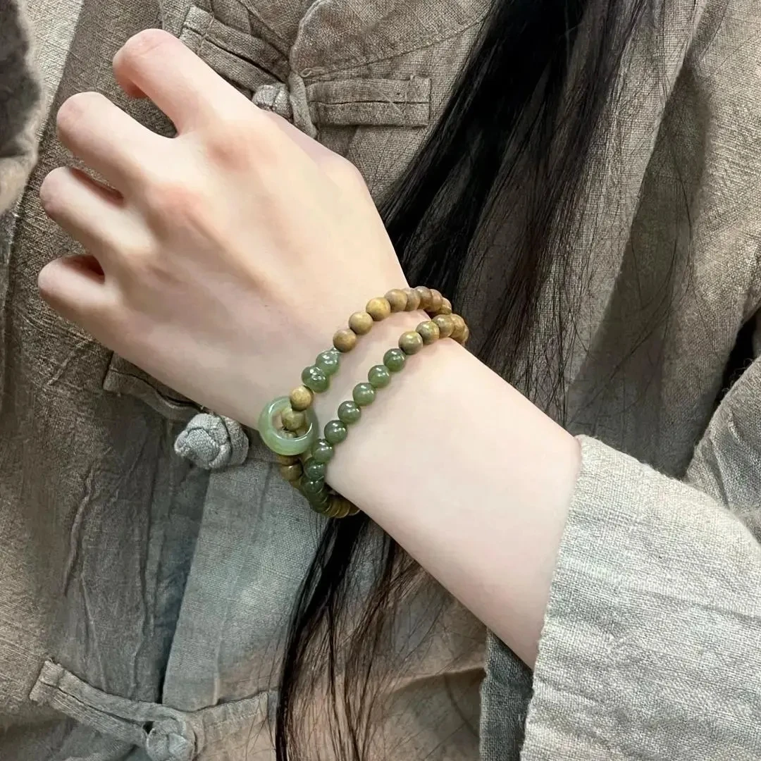 天然绿檀木双圈手串新中式男女老料檀木香味手链文玩佛珠手持念珠