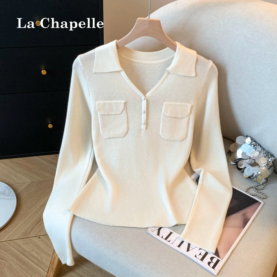 拉夏贝尔polo领正肩长袖针织打底衫女2025秋季设计感气质V领上衣