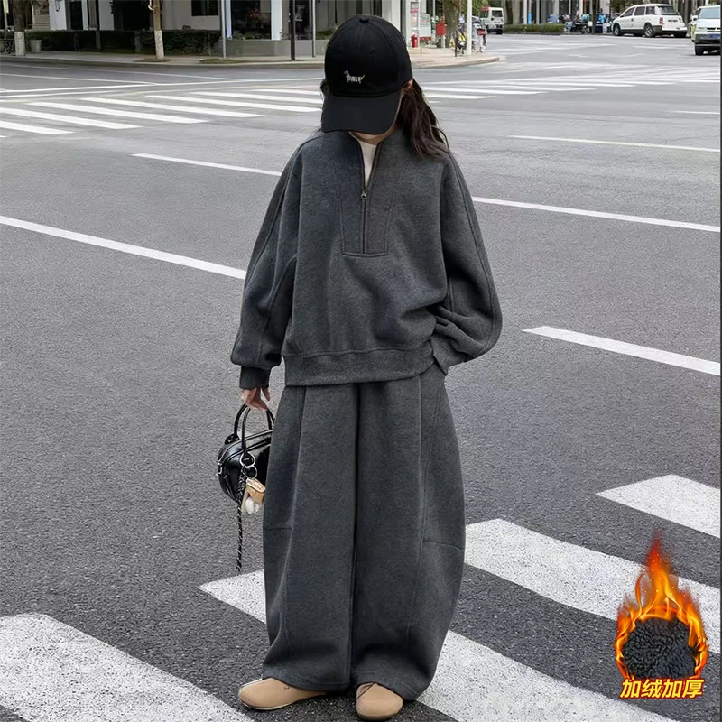 YeeHoO英氏【断码】女童秋冬款加绒卫衣阔腿裤套装2026新款女大童