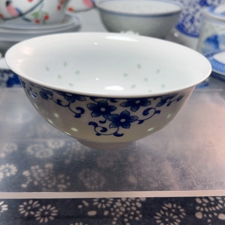 陶青花玲珑5寸紫荆花饭碗无边