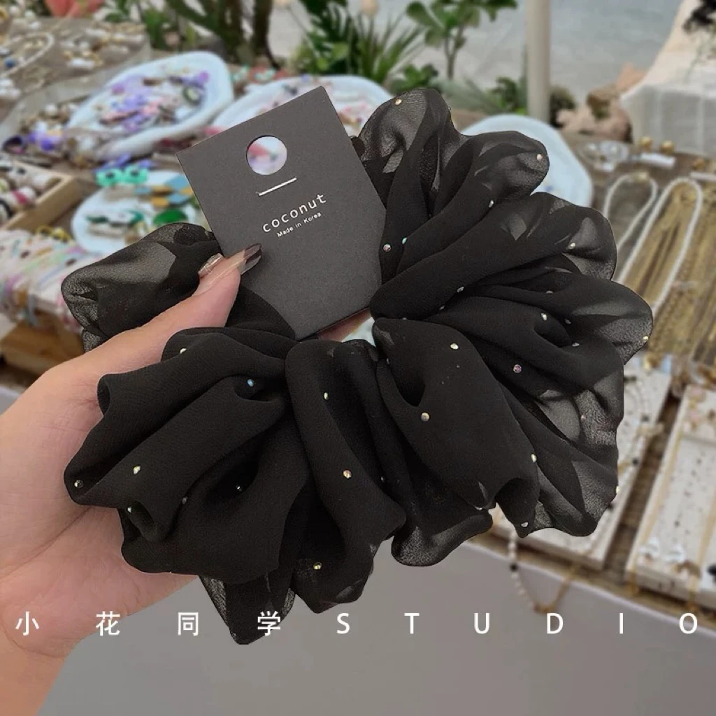 韩国发饰2024新款高级感精致黑色雪纺满天星亮闪闪网纱发圈大肠圈