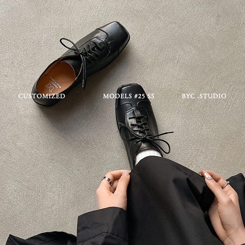 玛丽珍鞋2025年秋季通勤头层水洗牛皮老钱复古风方头乐福鞋平底