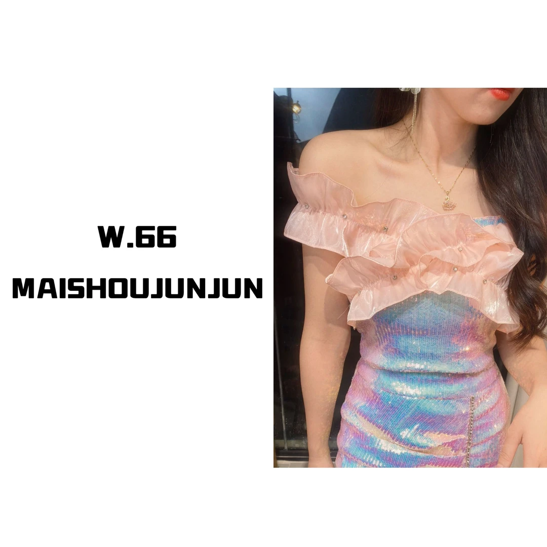 设计师款显瘦钻石荷叶边一字肩短款上衣90908-1