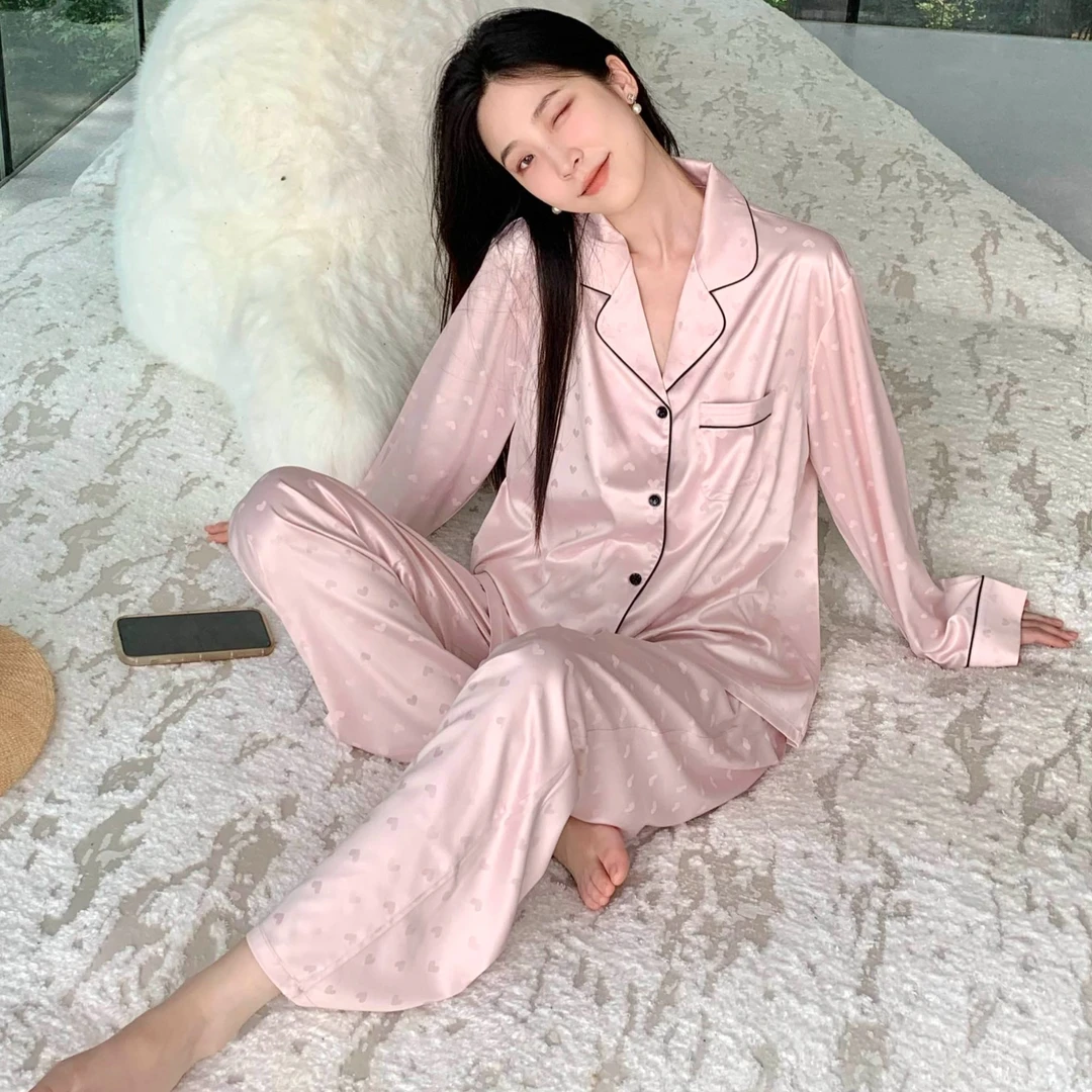 【SS专属】春夏小众设计轻奢爱心提花长袖长裤套装薄款女士居家服