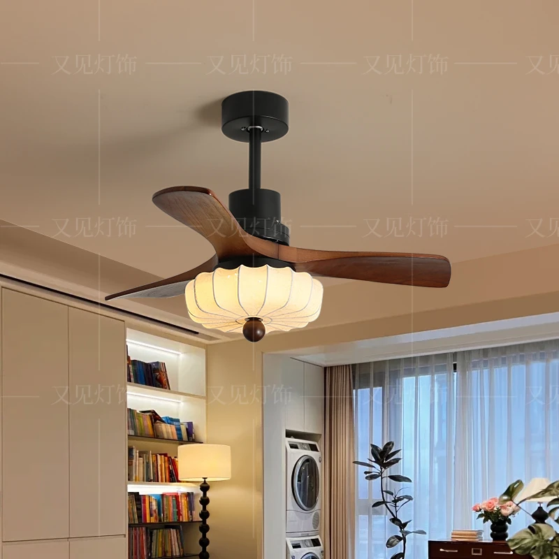 复古中古风风扇灯卧室胡桃木色客厅灯布艺实木餐厅全光谱护眼吊扇