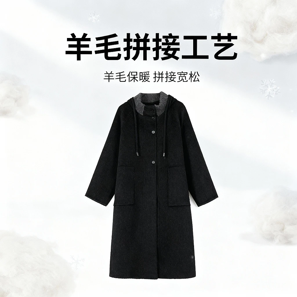 YICHEN【温暖如初】YC 7165维纳斯羊毛长款领口拼接大衣外套YCHH001