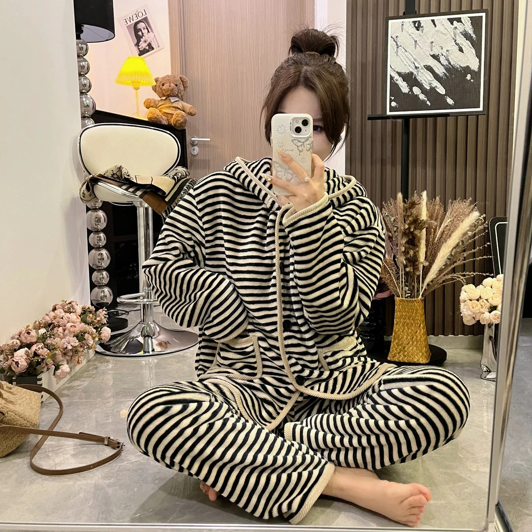 L & L 云云【斑马斑马】连帽高级条纹睡衣女冬季加厚大码家居服套装
