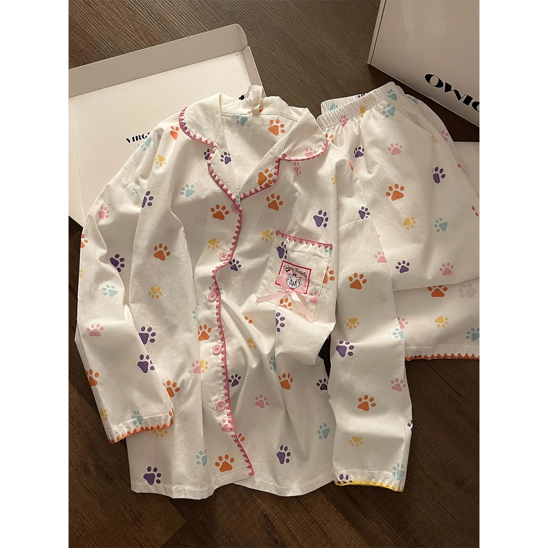 可爱彩色猫爪长袖睡衣女春秋款2025新款玛丽猫印花长袖家居服套装