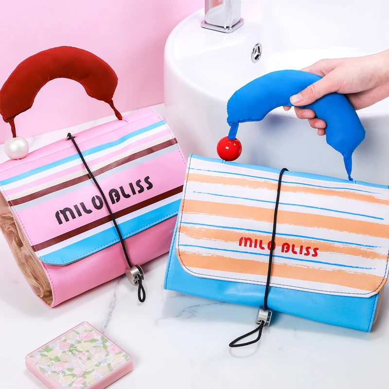 新款手提撞色化妆包大容量PU皮革化妆品收纳包便携外出收纳洗漱包