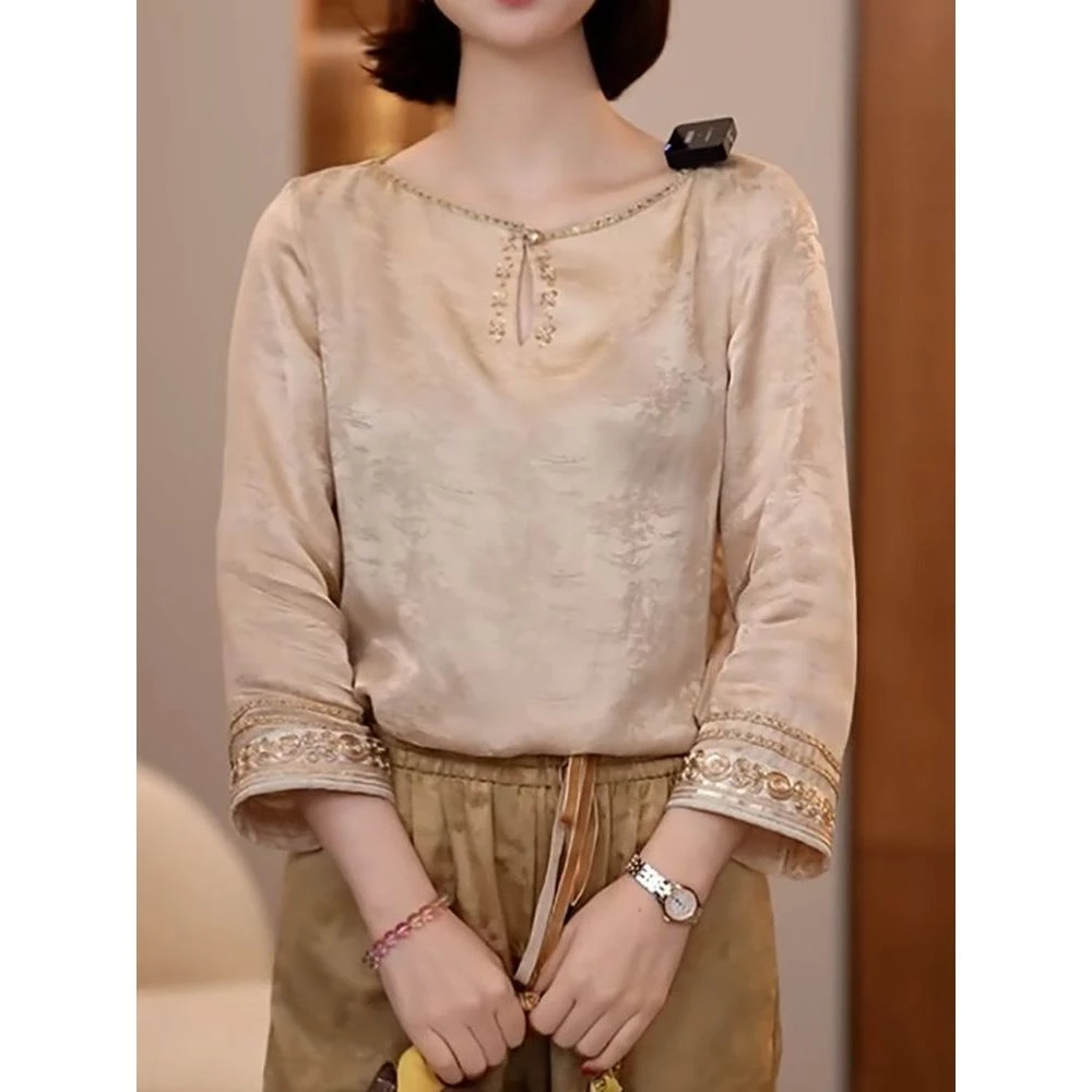 时尚别致气质镂空衬衫女装2025年夏季新款端庄优雅贵夫人圆领衬衣