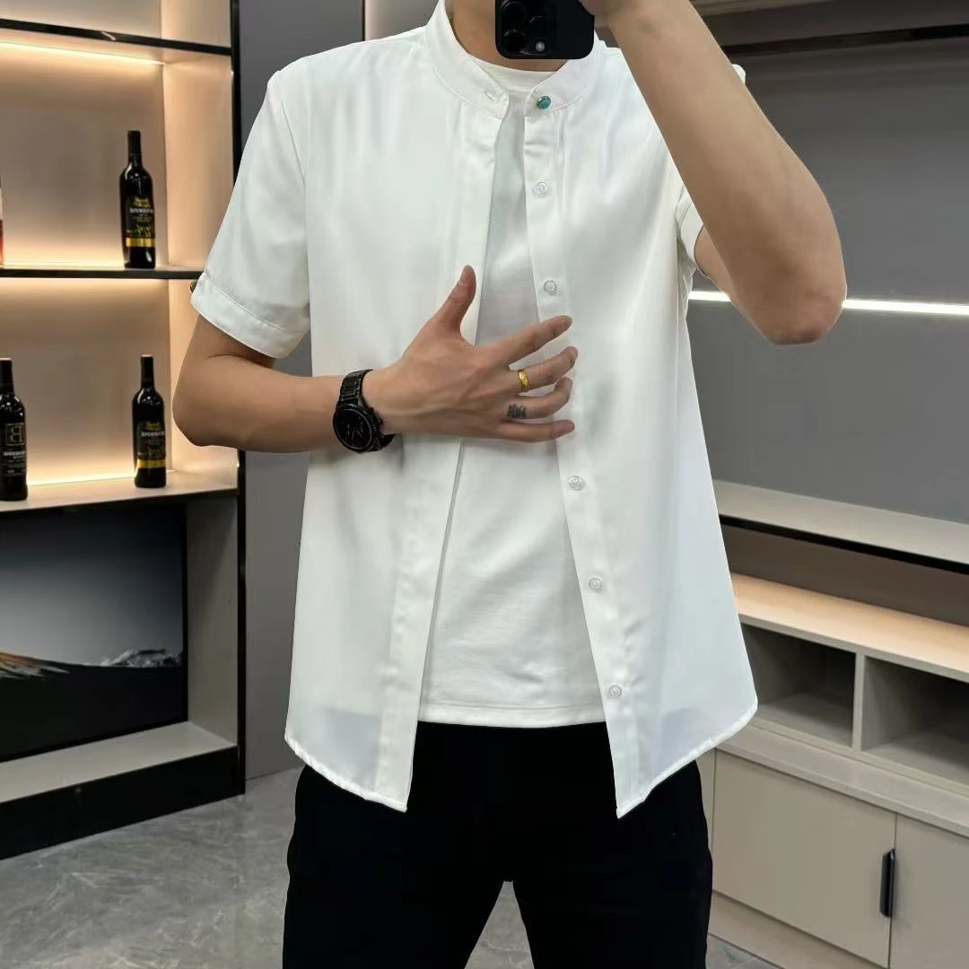 夏季新款时尚绿松石一粒扣短袖衬衫男士简约百搭宽松休闲立领衬衣