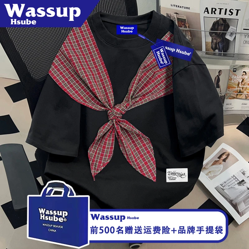 WASSUP HSUBE潮牌纯棉短袖蝴蝶结T恤ins夏季潮流感男女款黑色上衣