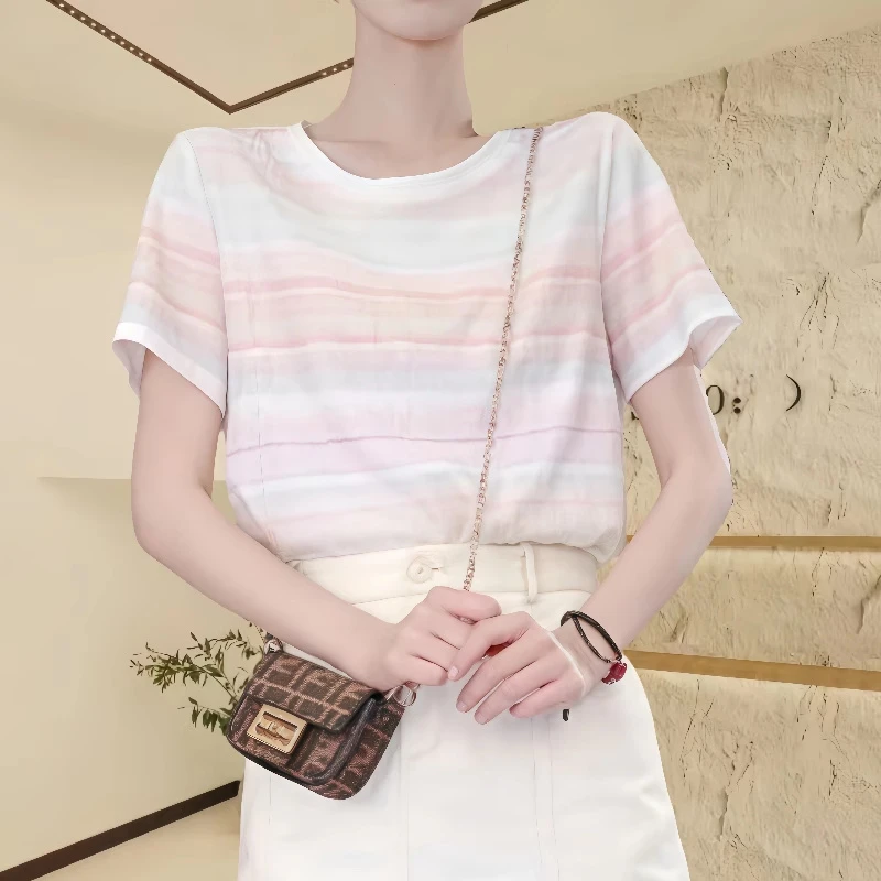 韩系圆领彩色条纹短袖T恤2025夏季新款甜美时髦百搭显瘦宽松上衣