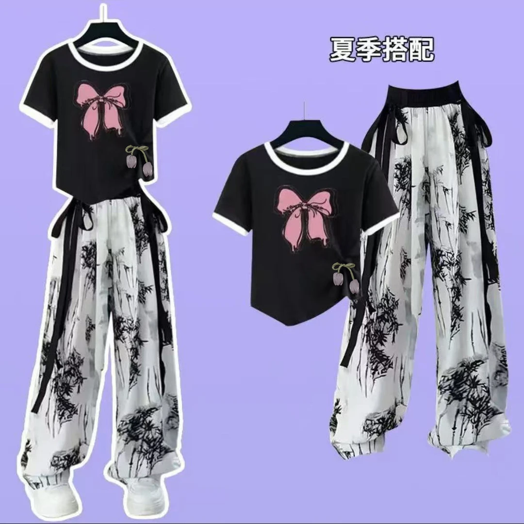 女孩夏季短袖复古套装文艺范中国风夏季水墨画休闲裤高腰长裤套装