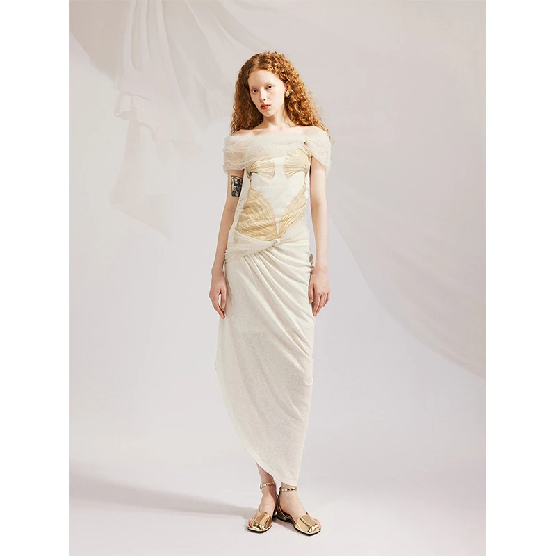 MANE atelier设计师品牌露肩拼接针织印花连衣裙女法式气质中长裙