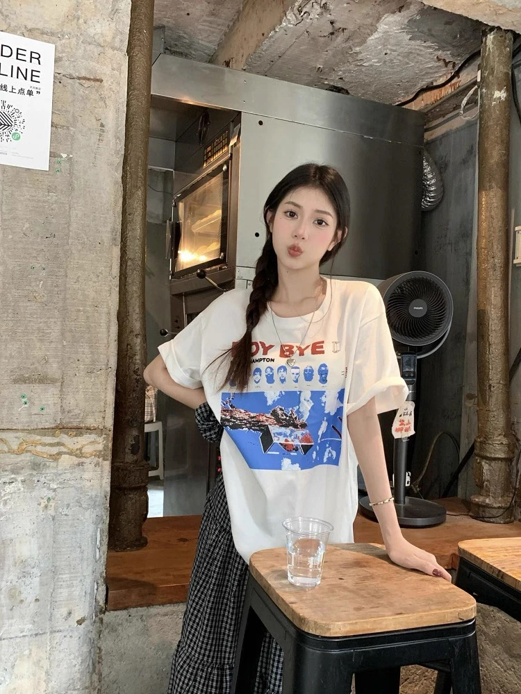 1062夏季新款ins风简约慵懒宽松休闲设计感印花百搭短袖T恤上衣女