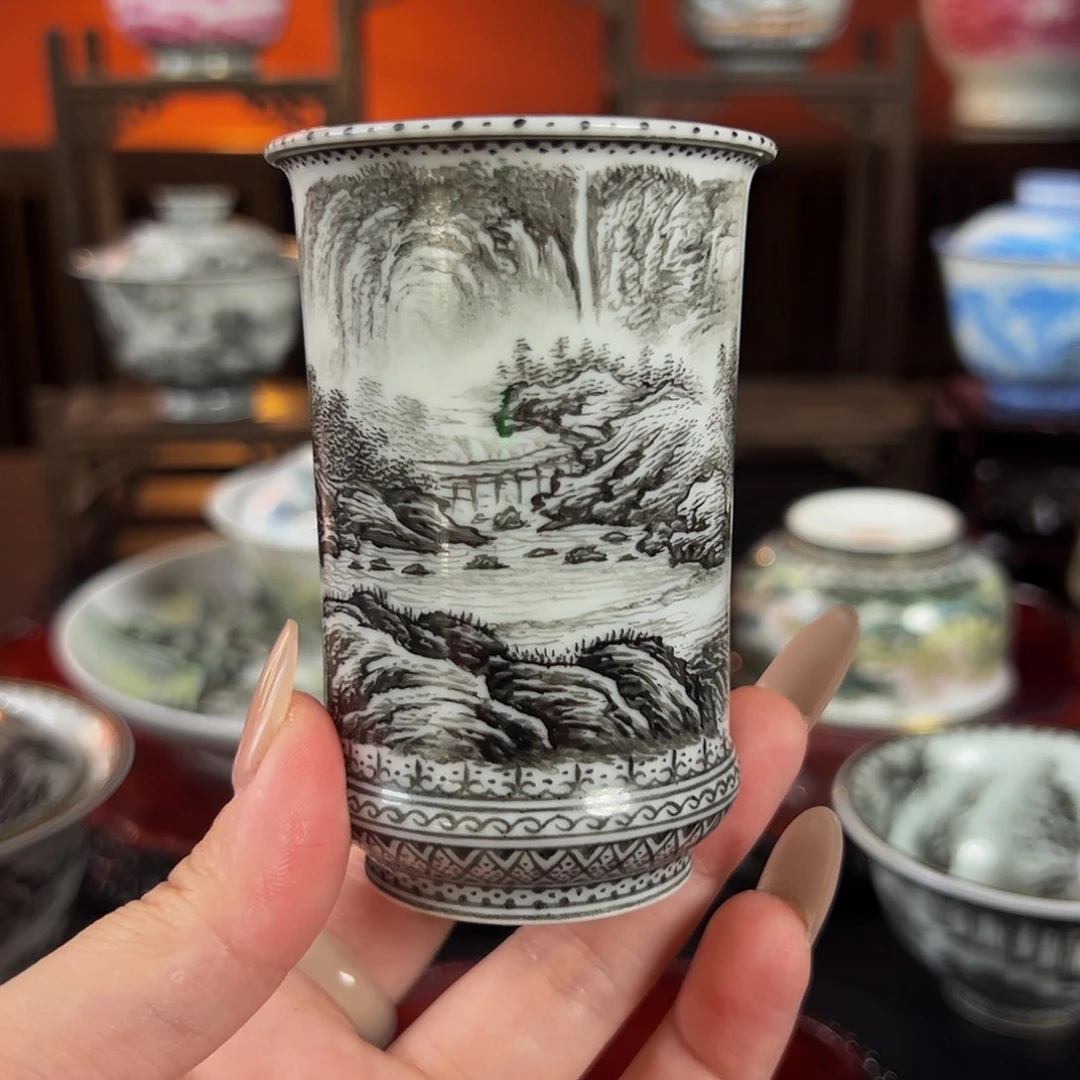 杯墨彩溪山行旅图闻香杯