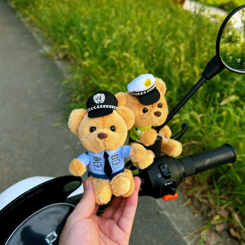 【防丢款】交警小熊摩托装饰电动车自行车玩偶创意公仔挂件摆卡通