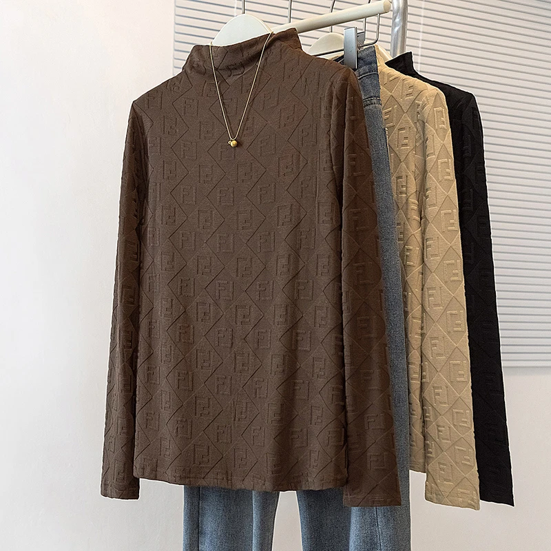 秋冬新款大码女装半高领长袖打底t恤胖mm时尚百搭内搭保暖打底衫