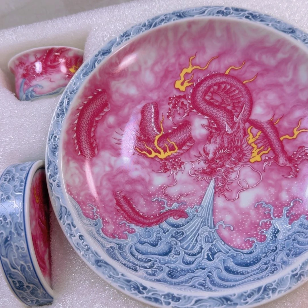 瓷片胭脂红龙5件套景德镇