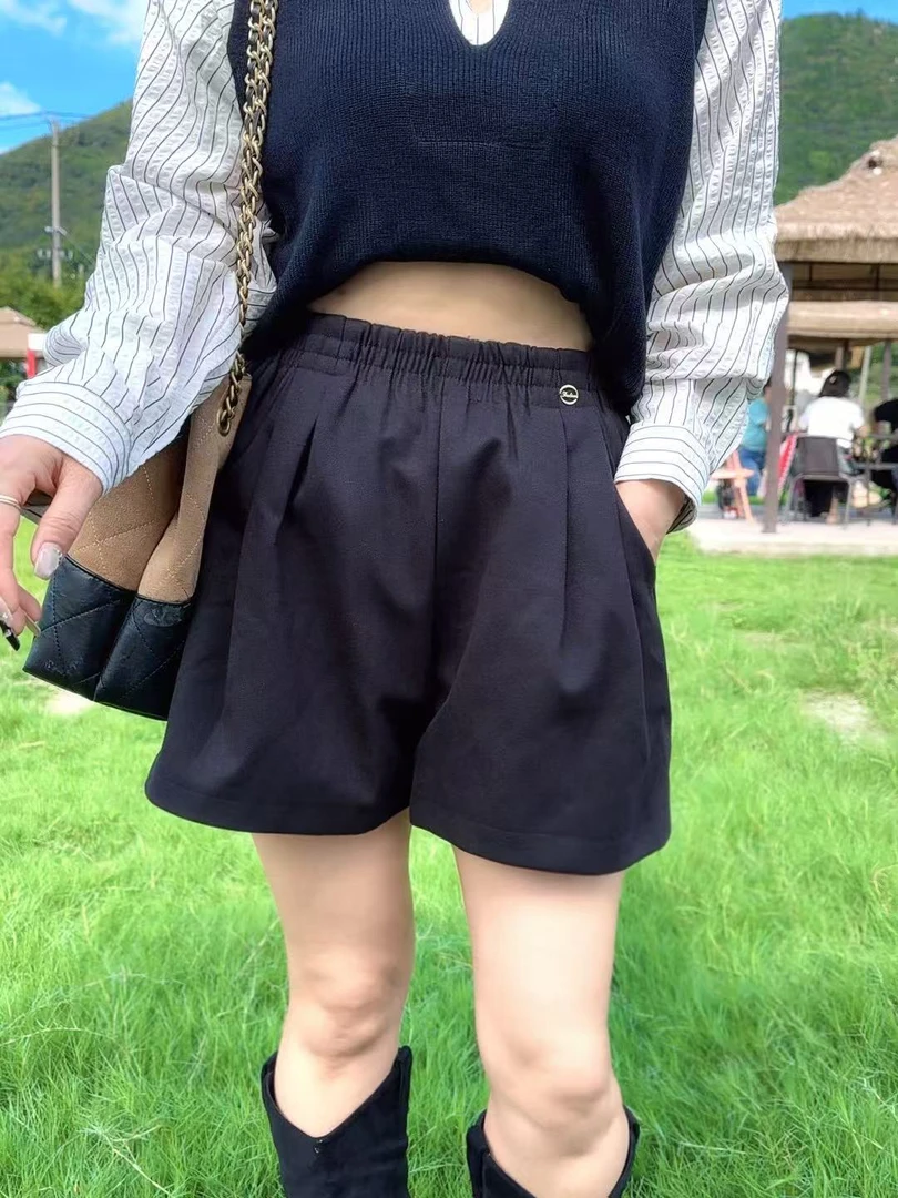 恰逢景梅子自留款秋款短裤时尚显瘦高腰复古直筒裤松紧腰短裤女
