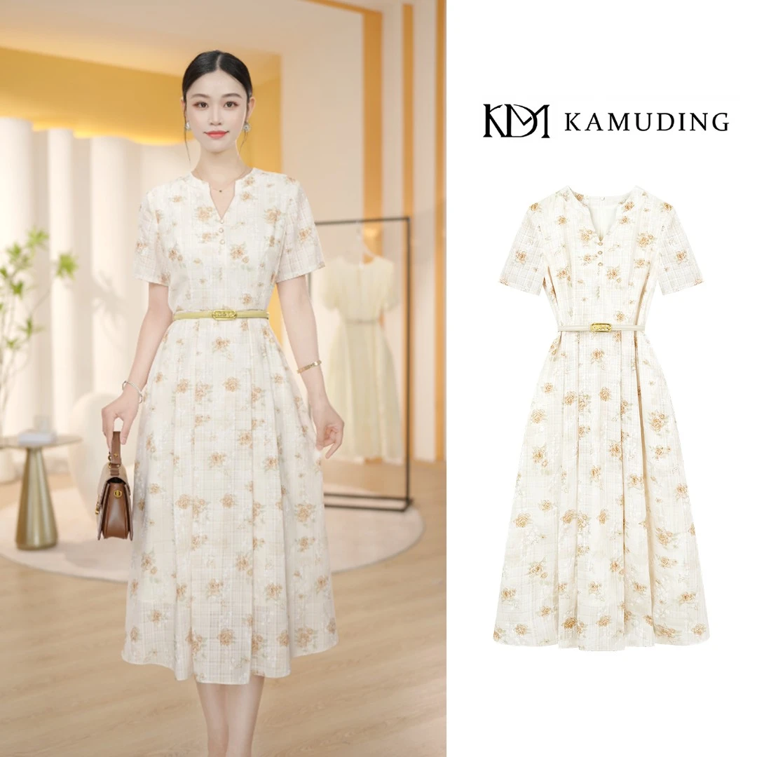 KAMUDING2025夏季新款法式复古V领短袖碎花气质收腰连衣裙8833