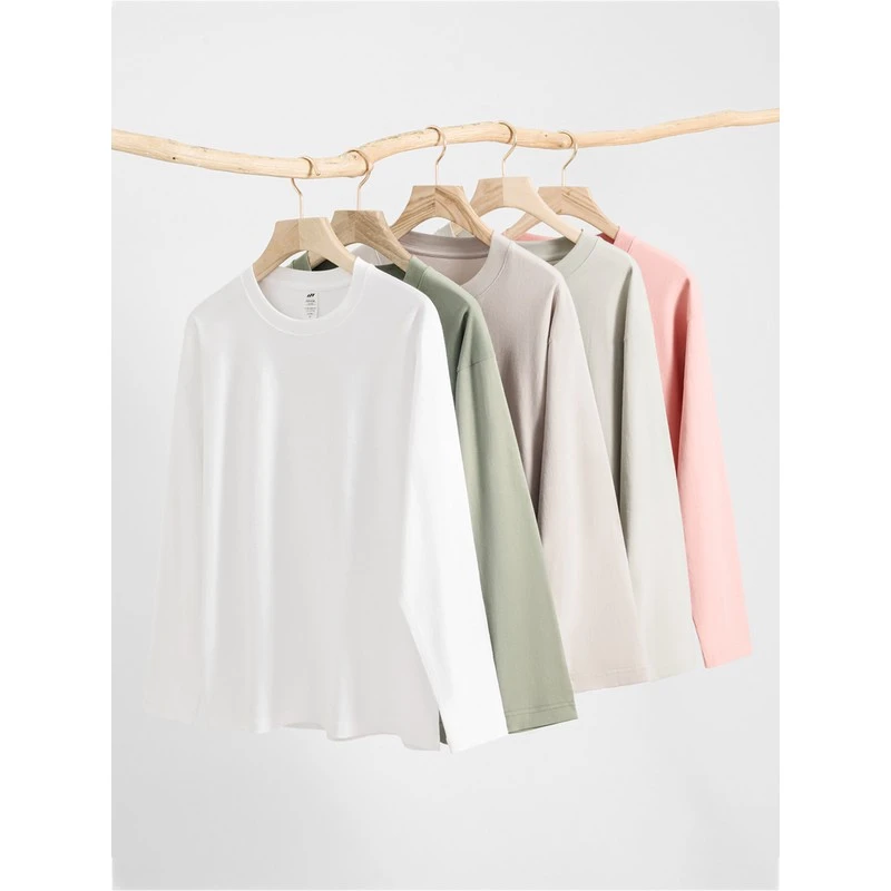 DeweLvum230g纯棉长袖t恤男圆领纯色内搭打底衫宽松休闲上衣男士