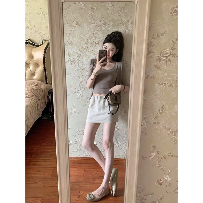 慵懒针织长袖外套内搭吊带背心女2025夏季高腰休闲半身裙三件套装