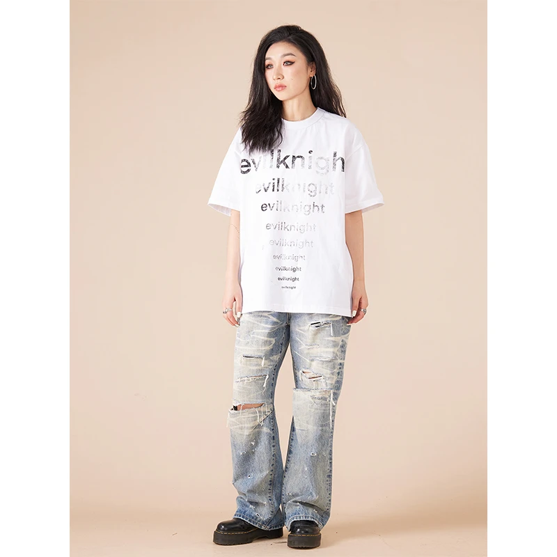 EK 三色evilknight基础标语印花短袖男圆领宽松百搭情侣T恤