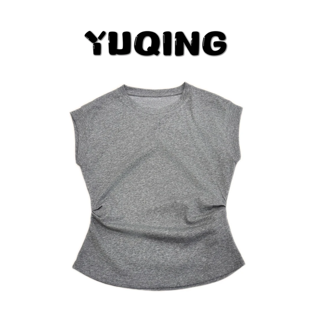 【雨晴】设计感短袖T恤女夏季褶皱收腰显瘦圆领开叉小飞袖上衣6076