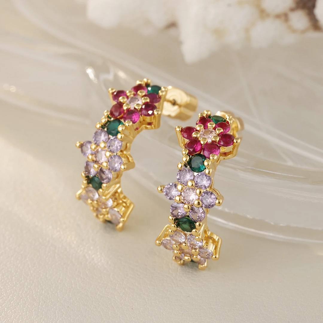 铜合金耳饰 镀18K金「灵犀」彩色镶钻耳圈精致饰品气质耳环轻奢高档