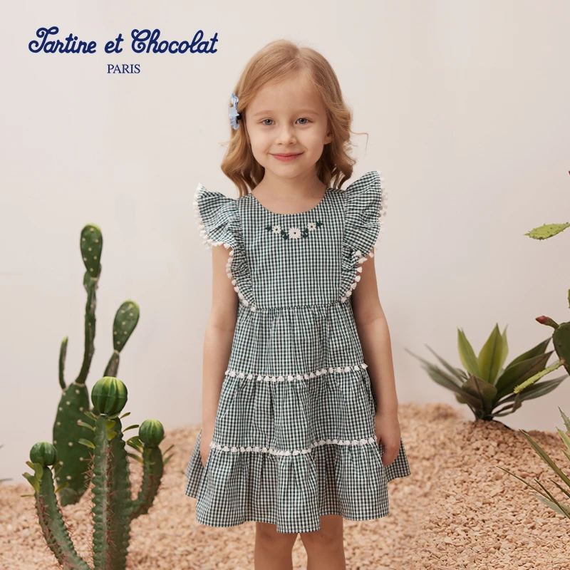 TC法国巧克力童装25夏季新款女童网格圆领连衣裙