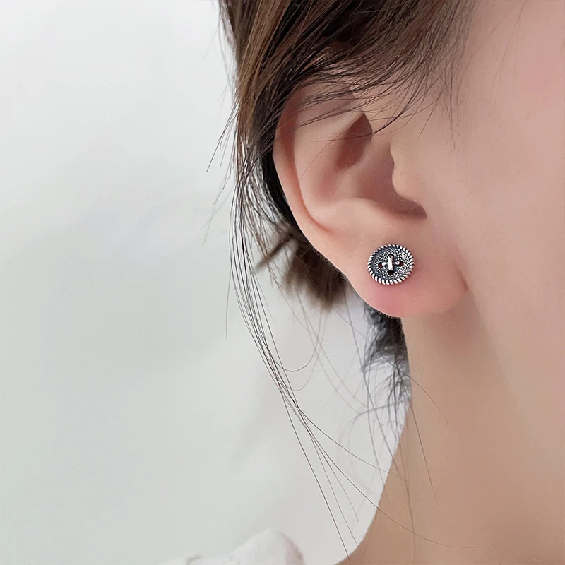 925银耳饰 纯银耳钉女韩式简约双面戴复古轻奢饰品小众高级感耳饰