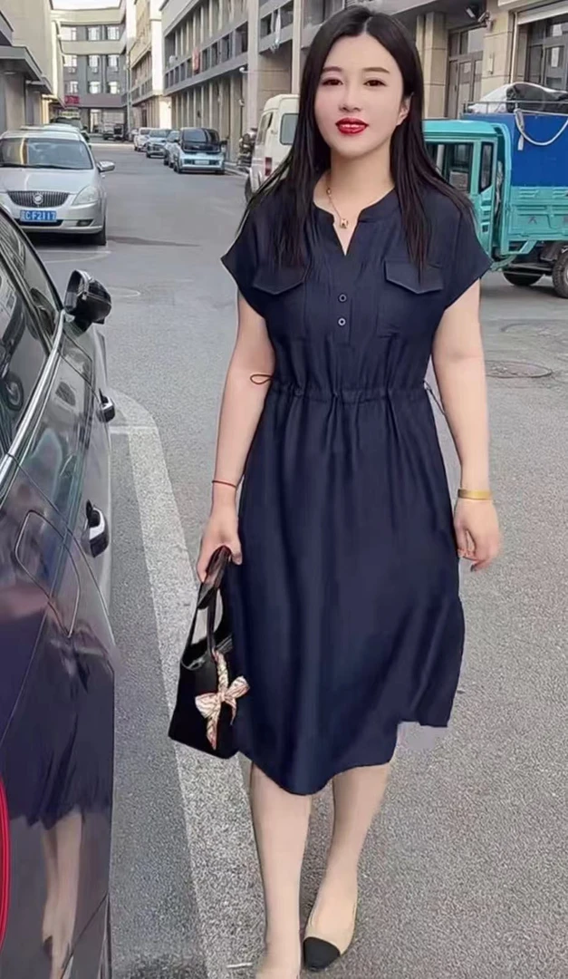 6237 夏季新款时尚气质宽松大码V领收腰连衣裙气质裙子 F80