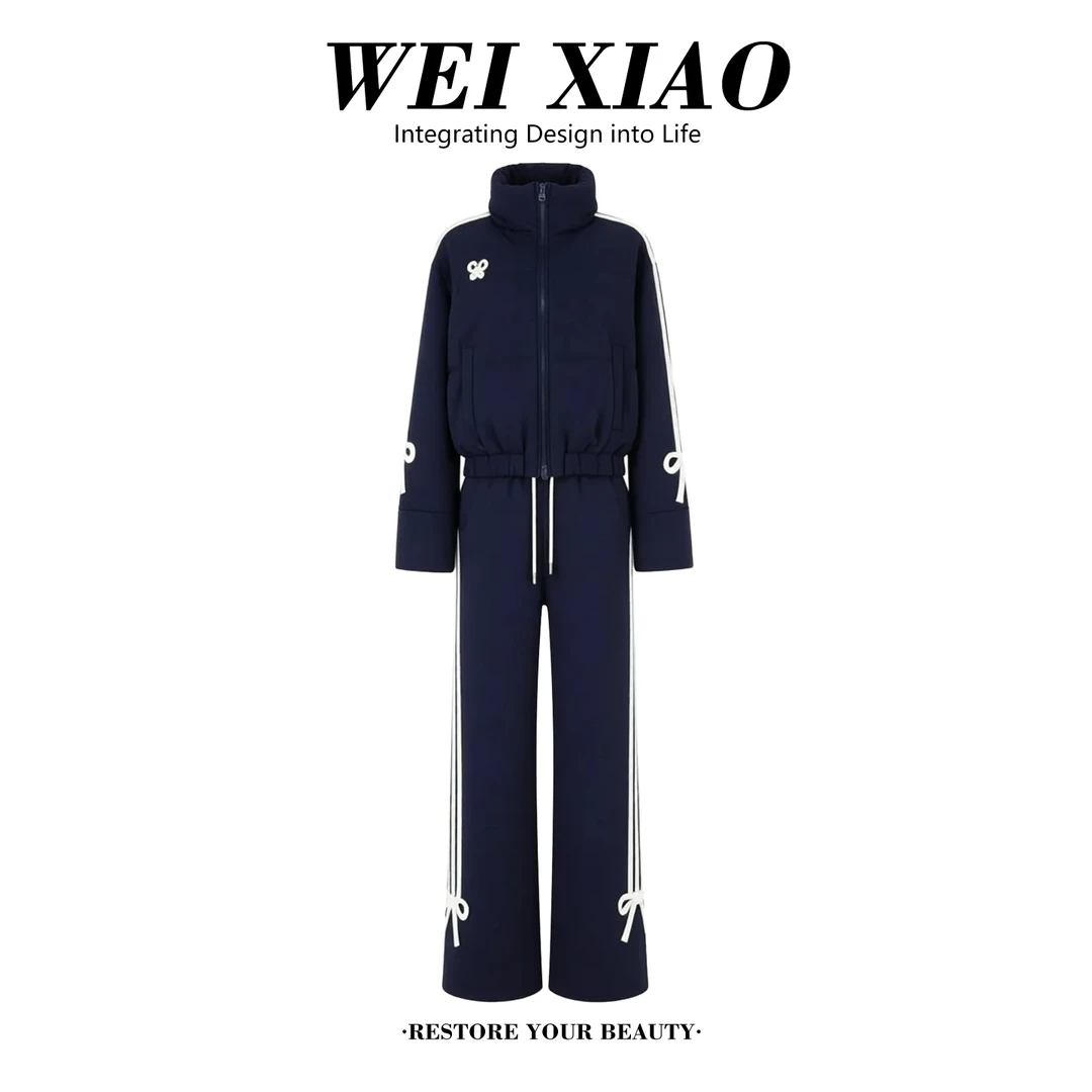 韩系一整套深冬穿搭女2025新款立体蝴蝶结棉服外套阔腿裤子两件套