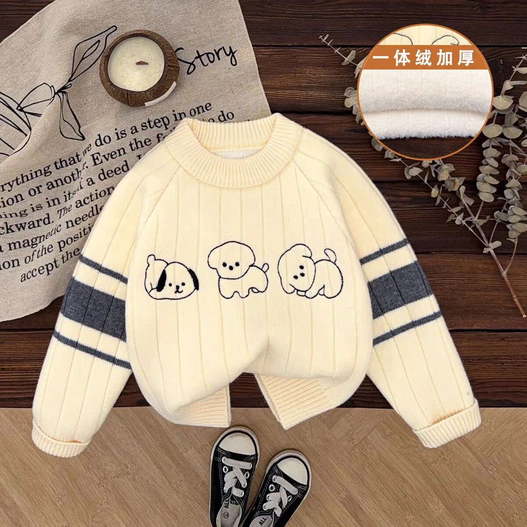 儿童一体绒毛衣套头秋冬新款加绒加厚刺绣小狗百搭针织打底衫潮童