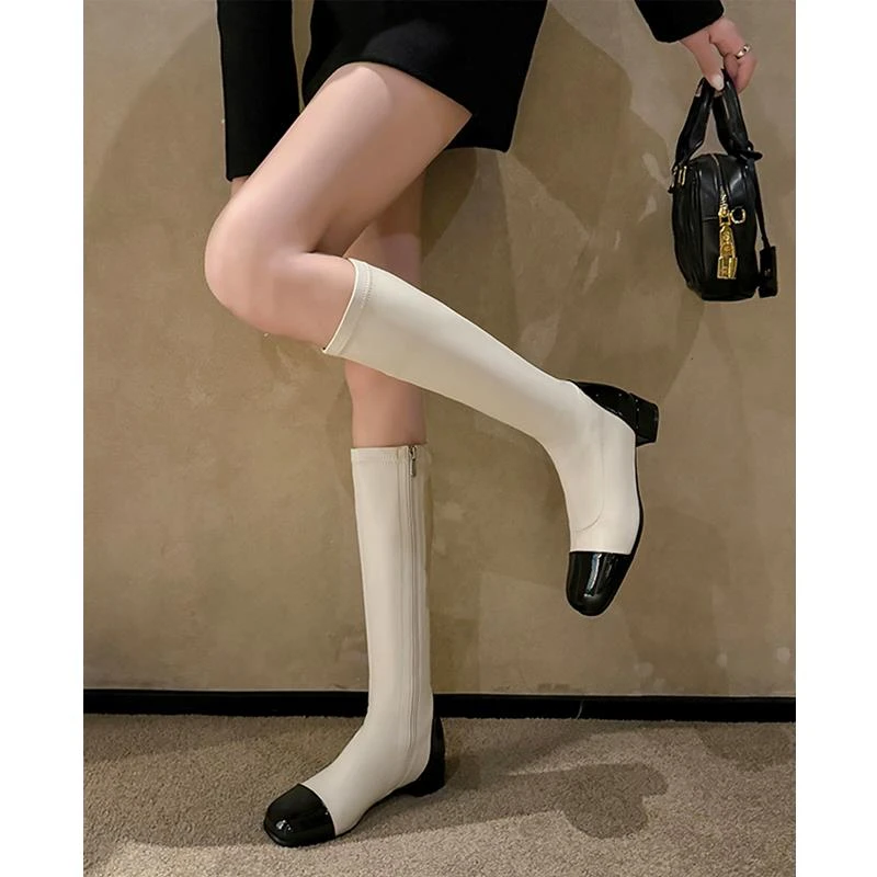法式覆古小香风拼色弹力靴瘦瘦靴粗跟高跟气质不过膝长靴子高筒女