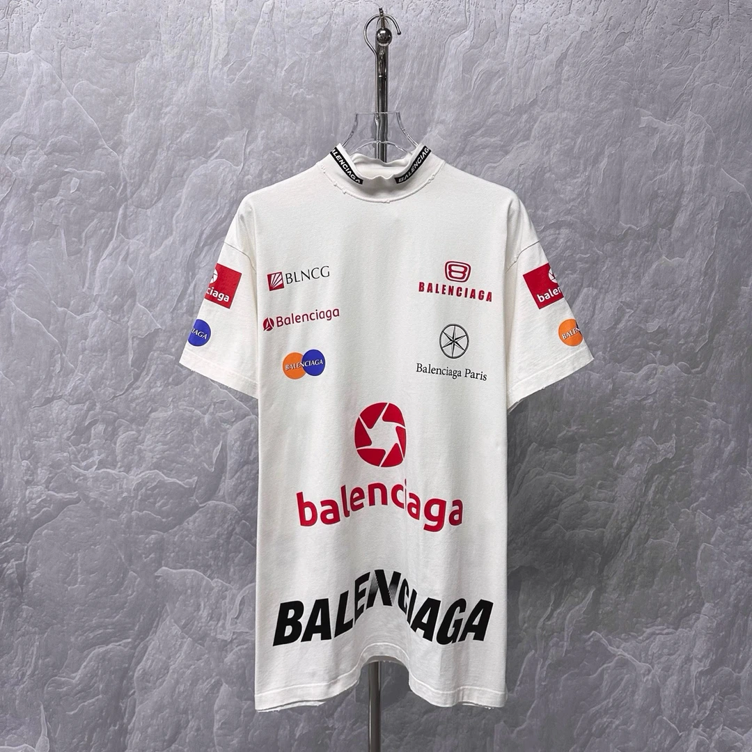 未使用 Balenciaga/巴黎世家 做旧多logo印花短袖 2码 J01952