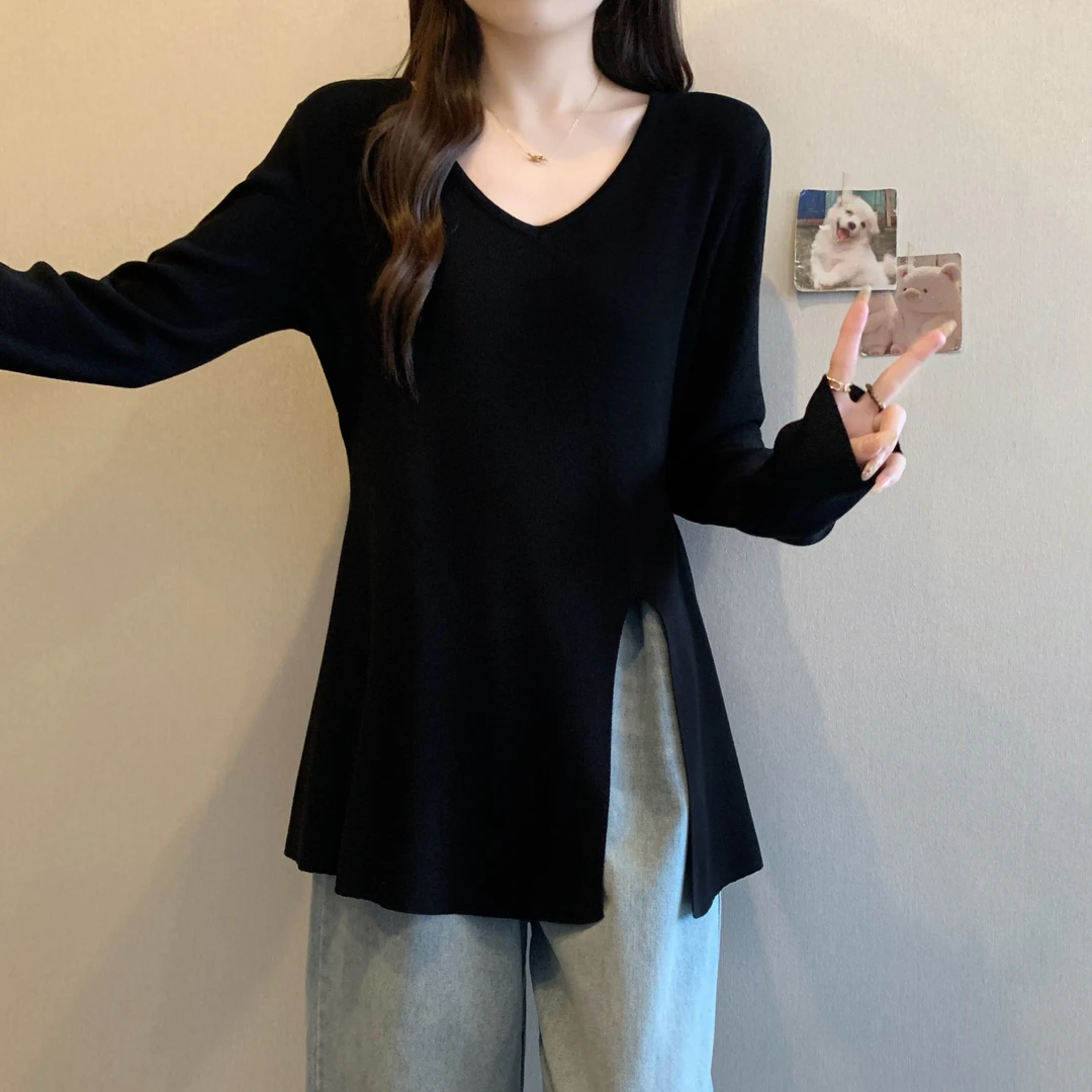 大码女装法式v领开叉不规则针织衫女春秋胖妹妹遮肚百搭正肩上衣