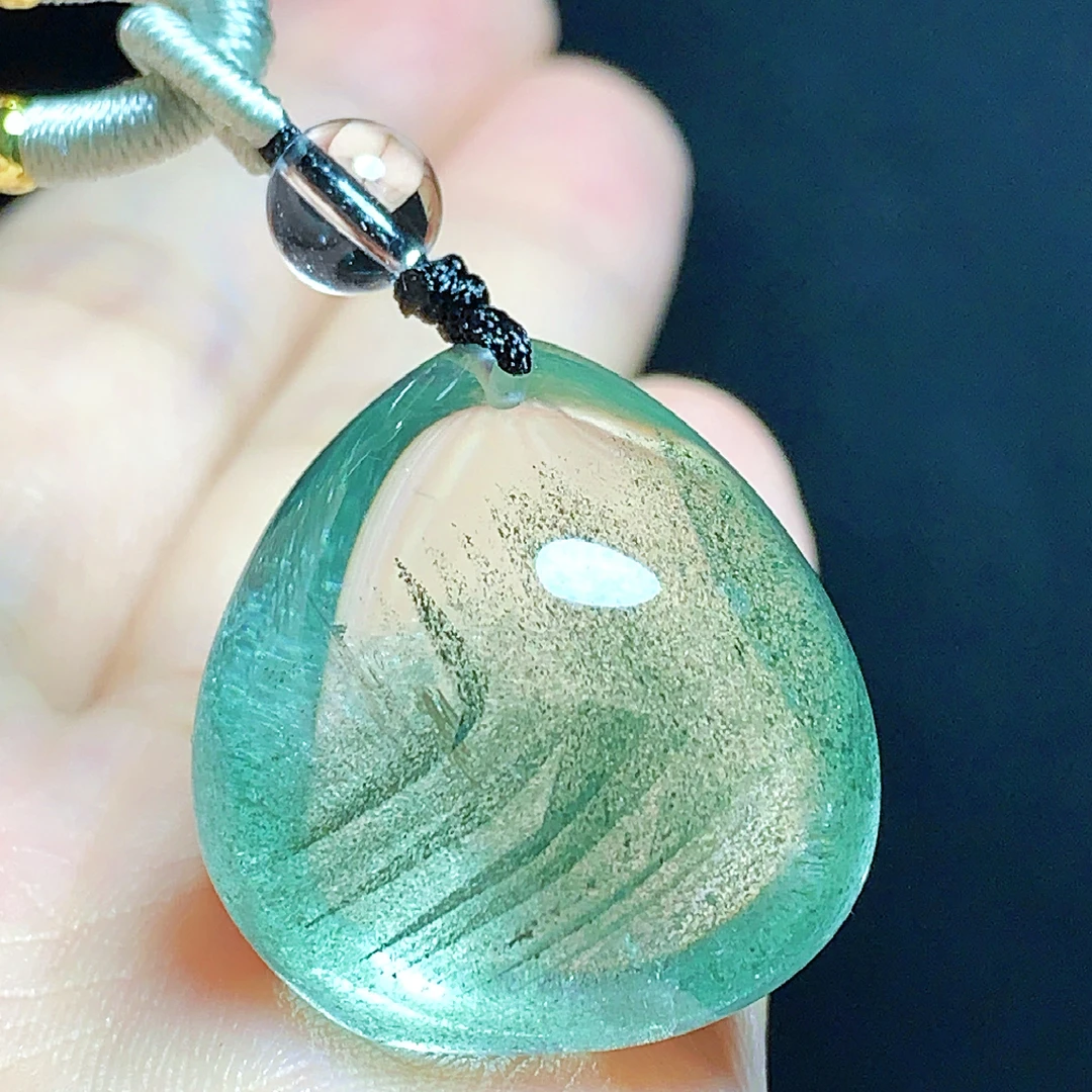 东海水晶天然千层绿幽灵水晶吊坠毛衣链通透水滴项坠男女款聚宝盆