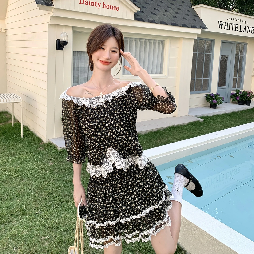 法式蕾丝衬衫短裙套装女气质2025夏季新款时尚拼接宽松休闲两件套