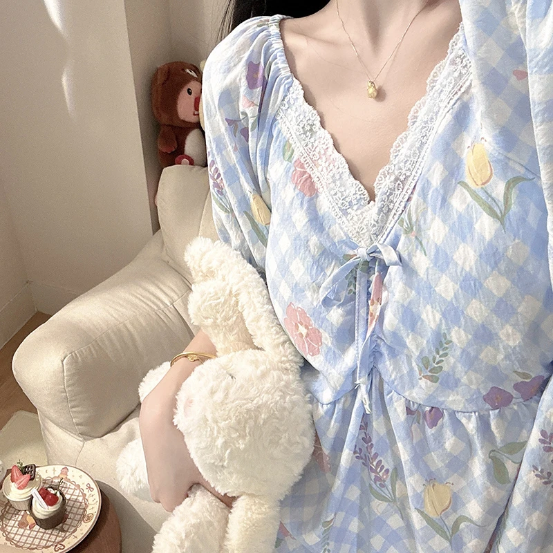 蓝菱格花花带胸垫睡裙女夏季公主风睡衣夏天中长裙子家居服可外穿