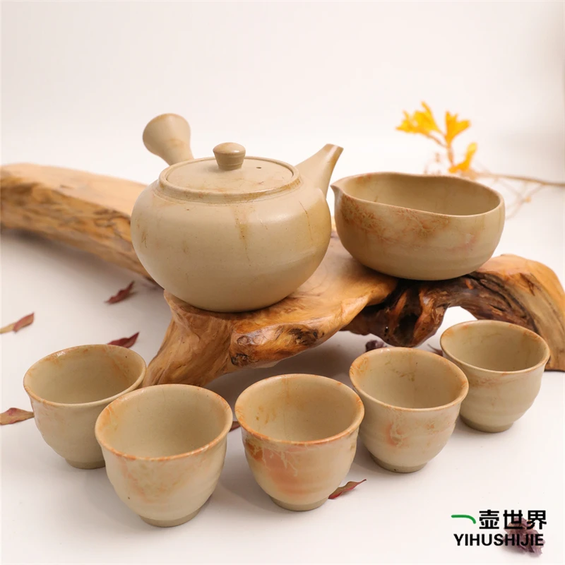 常滑烧纯手工侧把日式紫砂陶茶壶7点套组 煌堂 白泥 挂藻 210ml